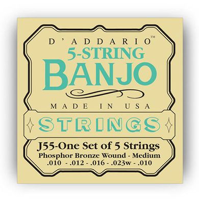 Струни D'Addario J55 5-String Banjo, Phosphor Bronze, Medium, 10-23