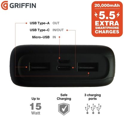 Портативний акумулятор Griffin 20,000mAh Power Bank - Black