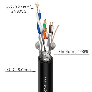 Гибкий кабель категории 6 Roxtone C6AE, 4x2х0.22 кв. мм, вн. диаметр 8 мм, 100 м