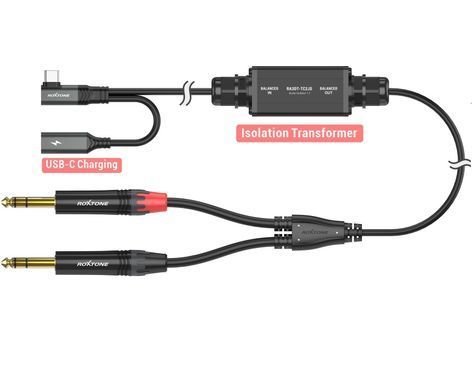 Двоканальний симетричний аудіокабель Roxtone RA3DT-TC2JS USB-C - 2*6.35mm stereo